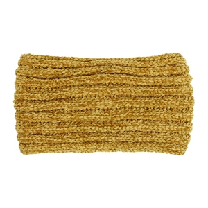Close-up of ginger yellow chenille knit headband showing ribbed texture and warm yarn