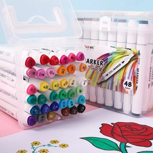 48-color dual-tip markers set with clear carrying case and floral coloring drawing sample