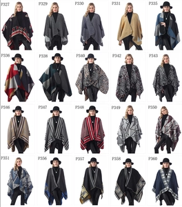 Collage of knit ponchos with various geometric and floral patterns in a grid view