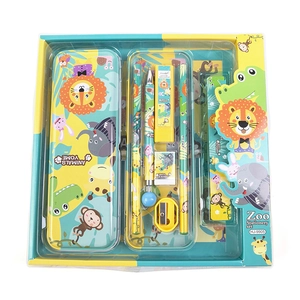 Cartoon Zoo themed children stationery set with metal pencil case and yellow pencils