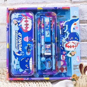 Blue ocean themed stationery set for kids featuring cartoon shark and undersea world patterns