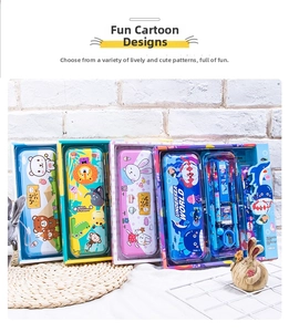 Detail of assorted cartoon stationery sets including tin pencil boxes and school supplies