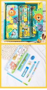 Detailed view of kids cartoon stationery set including pencil case and drawing tools