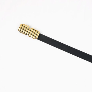 Black matte leather belt with gold cylindrical metal accents in a minimalist style