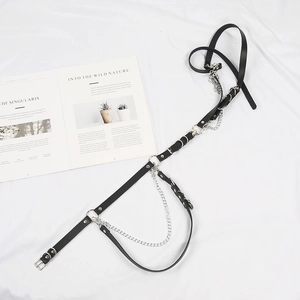 Harajuku punk style black leather body harness with silver metal rings and hanging chains