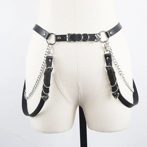 Gothic punk black leather body harness with silver metal chains and heart pendant