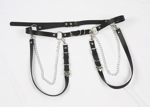 Goth punk black leather leg garter with silver metal heart charms and hanging chains