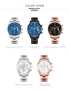 Close-up of five men's quartz watches with stainless steel bands and three-dial design