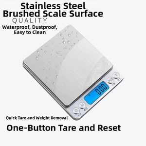Waterproof kitchen scale with brushed stainless steel surface and backlit LCD display