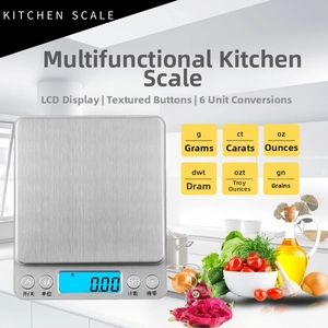 Detail of waterproof kitchen scale with backlit LCD and brushed stainless steel surface