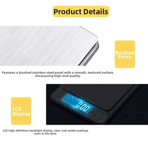 Detail view of brushed stainless steel kitchen scale with blue backlit LCD display