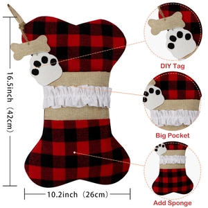 16.5-inch burlap dog bone Christmas stocking with red buffalo plaid and DIY tag
