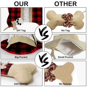 Detail of burlap dog bone Christmas stocking with DIY tag and large storage pocket