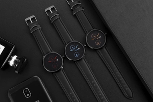 Montres à quartz de luxe avec bracelets en cuir noir et aiguilles colorées sur fond business