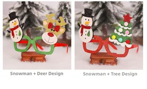 Detail of Christmas glasses featuring snowman, reindeer, and Xmas tree decorations