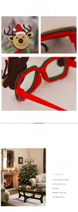 Detailed macro view of the festive red Christmas glasses with reindeer and Santa hat motifs