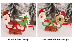 Close-up of glittery Christmas glasses with Santa, reindeer and tree decorations
