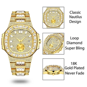 Classic Nautilus design 18K gold plated watch featuring full iced out diamond accents