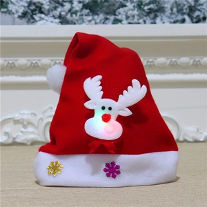 Plush red Christmas hat with glowing elk reindeer and colorful snowflake decorations
