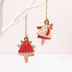 Handcrafted painted metal angel Christmas ornaments with jute twine for holiday tree decor