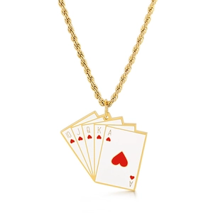 Iced out poker flush pendant necklace in gold finish with AAA zircon heart spades