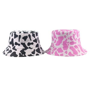 Cappelli alla pescatora in tela con stampa mucca rosa e nera, protezione solare alla moda