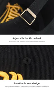 Dettaglio del cappellino da baseball in cotone nero con ricamo giallo e fibbia in metallo