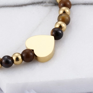 Tiger eye stone heart beaded bracelet with polished gold stainless steel accents