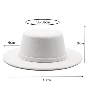 Flat top white felt boater hat showing 56-58cm circumference and 6cm brim dimensions