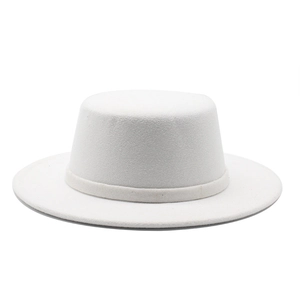 Classic white wool felt flat top boater hat with matching decorative band for men and women