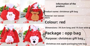 Detailed size specifications for red Christmas drawstring gift bags featuring festive characters