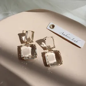 Chic gold-plated geometric square crystal drop earrings with stunning light refraction