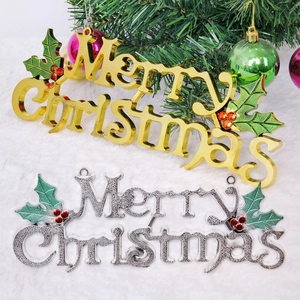 Merry Christmas Hanging Sign Electroplated Plastic Letters Ornament With Holly Leaves And Berries For Xmas Tree Decor