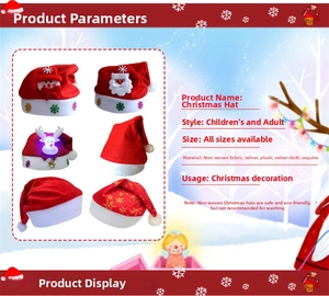 Detailed chart showing kids and adults Christmas hats in various plush materials and designs