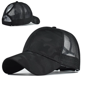 Women's black camo ponytail baseball cap featuring breathable mesh and adjustable velcro back