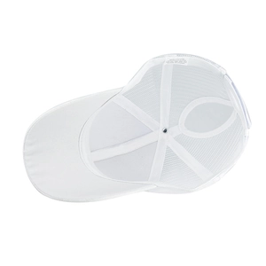 Detail view of white mesh baseball cap with ponytail hole and adjustable velcro closure
