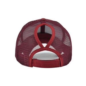 Detail of burgundy mesh baseball cap featuring a functional ponytail opening and strap
