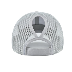 Rear view of light grey ponytail baseball cap showing breathable mesh and adjustable strap