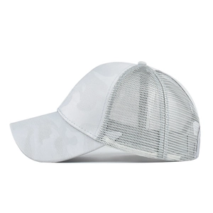 Side view of white camo ponytail baseball cap featuring breathable mesh back panels