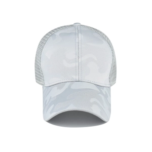 Detailed view of camouflage baseball cap featuring breathable mesh back and gray camo fabric