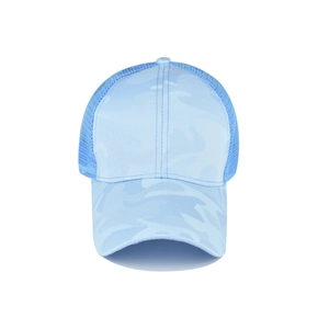 Detail of light blue camo baseball hat with breathable mesh and ponytail opening