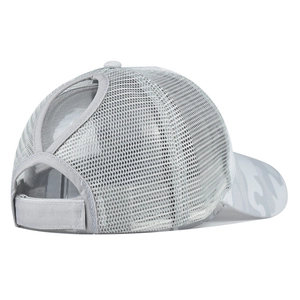 Detail view of the functional ponytail hole design on this camouflage mesh baseball cap