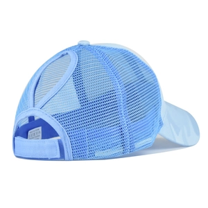 Detail view of light blue ponytail baseball cap with breathable mesh and 95% polyester label