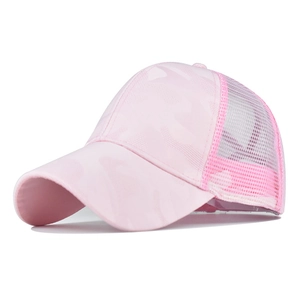 Detail of pink ponytail mesh baseball cap with camouflage texture and breathable back