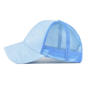 Side view of light blue ponytail baseball cap with camo pattern and breathable mesh back