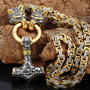 Collier Viking en acier inoxydable bicolore avec pendentif Mjölnir et têtes de loups