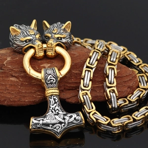 Viking Thor Hammer necklace with gold wolf heads on two-tone Byzantine chain