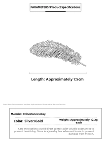 Detailed size chart for rhinestone feather hair clip in silver and gold alloy finish
