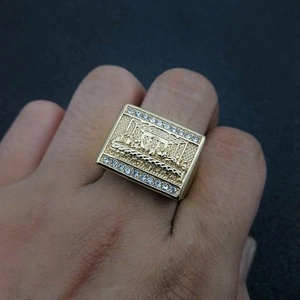 Gold-plated Last Supper religious relief ring with crystals on hand model