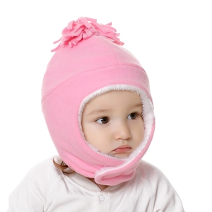Pink fleece baby winter earflap hat with warm plush lining and integrated neck scarf